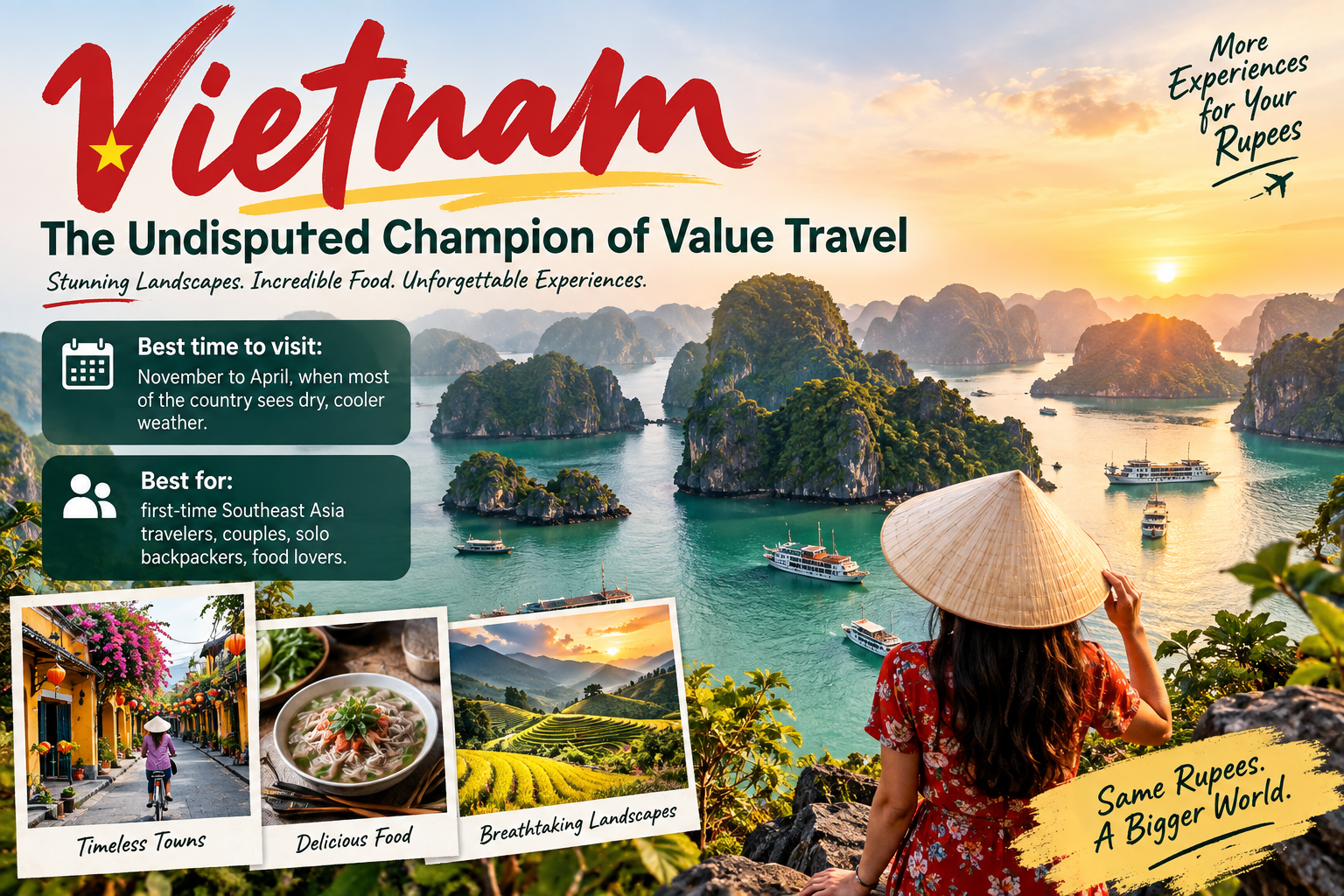 Vietnam travel scene with Ha Long Bay, traditional boats, green mountains and an Indian traveller overlooking the landscape