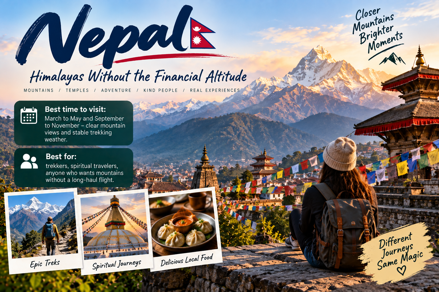 Nepal travel landscape featuring Himalayan mountains, Buddhist temples, prayer flags and a backpacker overlooking Kathmandu Valley