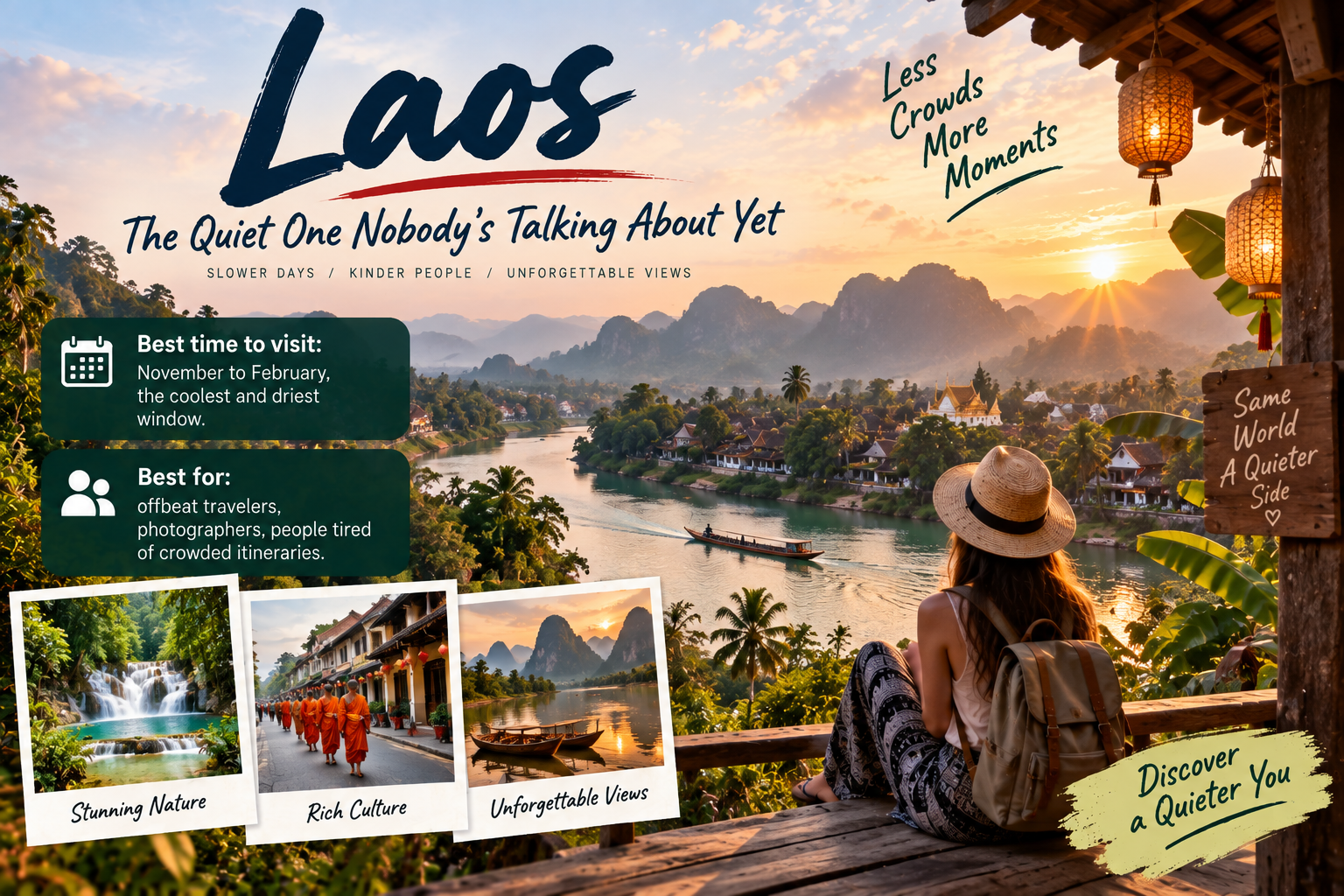 Laos travel landscape with peaceful river, limestone mountains, Buddhist temples, waterfalls and a backpacker exploring the countryside