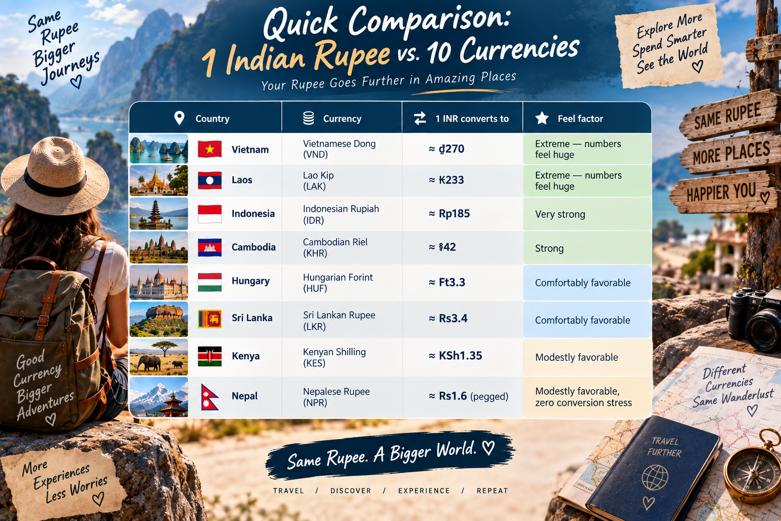 Comparison of Indian rupee value against currencies in Vietnam, Laos, Indonesia, Cambodia, Hungary, Sri Lanka, Kenya and Nepal