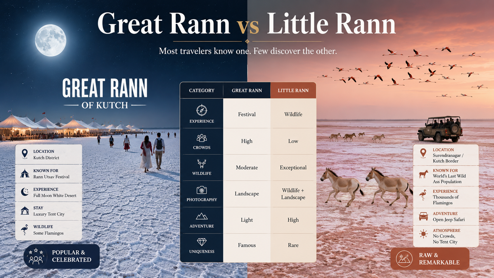 Side-by-side comparison of the Great Rann of Kutch and the Little Rann of Kutch, highlighting differences in wildlife, crowds, photography, adventure experiences, and landscape features across Gujarat's two salt desert regions.