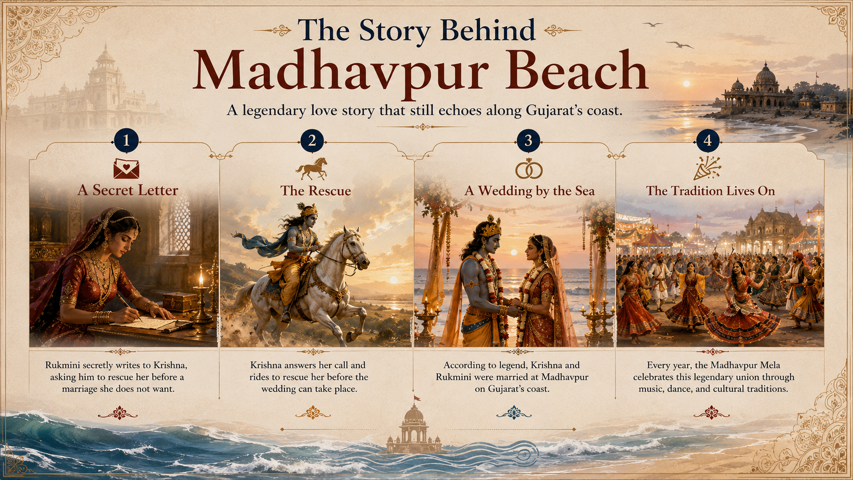 Illustrated four-panel timeline showing the legend of Madhavpur Beach: Rukmini's secret letter to Krishna, Krishna riding to rescue her, their wedding by the sea, and the annual Madhavpur Mela that celebrates the story on Gujarat's coast.