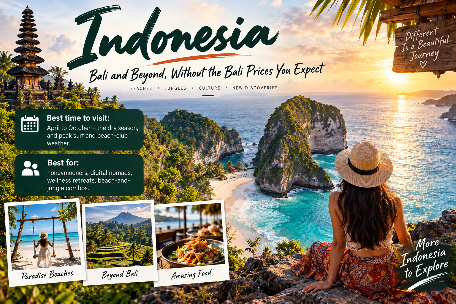 Indonesia travel landscape featuring tropical coastline, limestone islands, Balinese temple, jungle scenery and a solo traveller