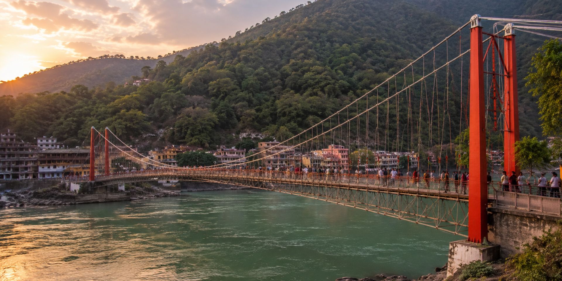 Iconic Ram Jhula suspension bridge spanning the Ganges in Rishikesh