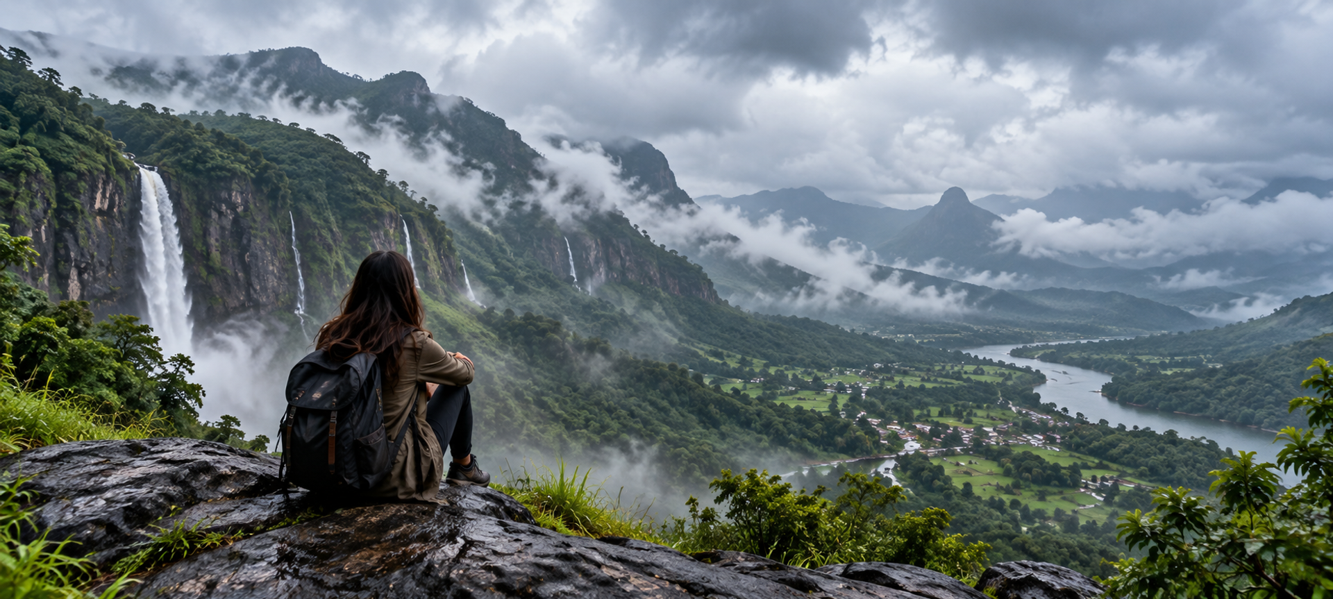 Solo female traveler with backpack sitting on a cliff overlooking a lush misty valley with waterfalls and a winding river.