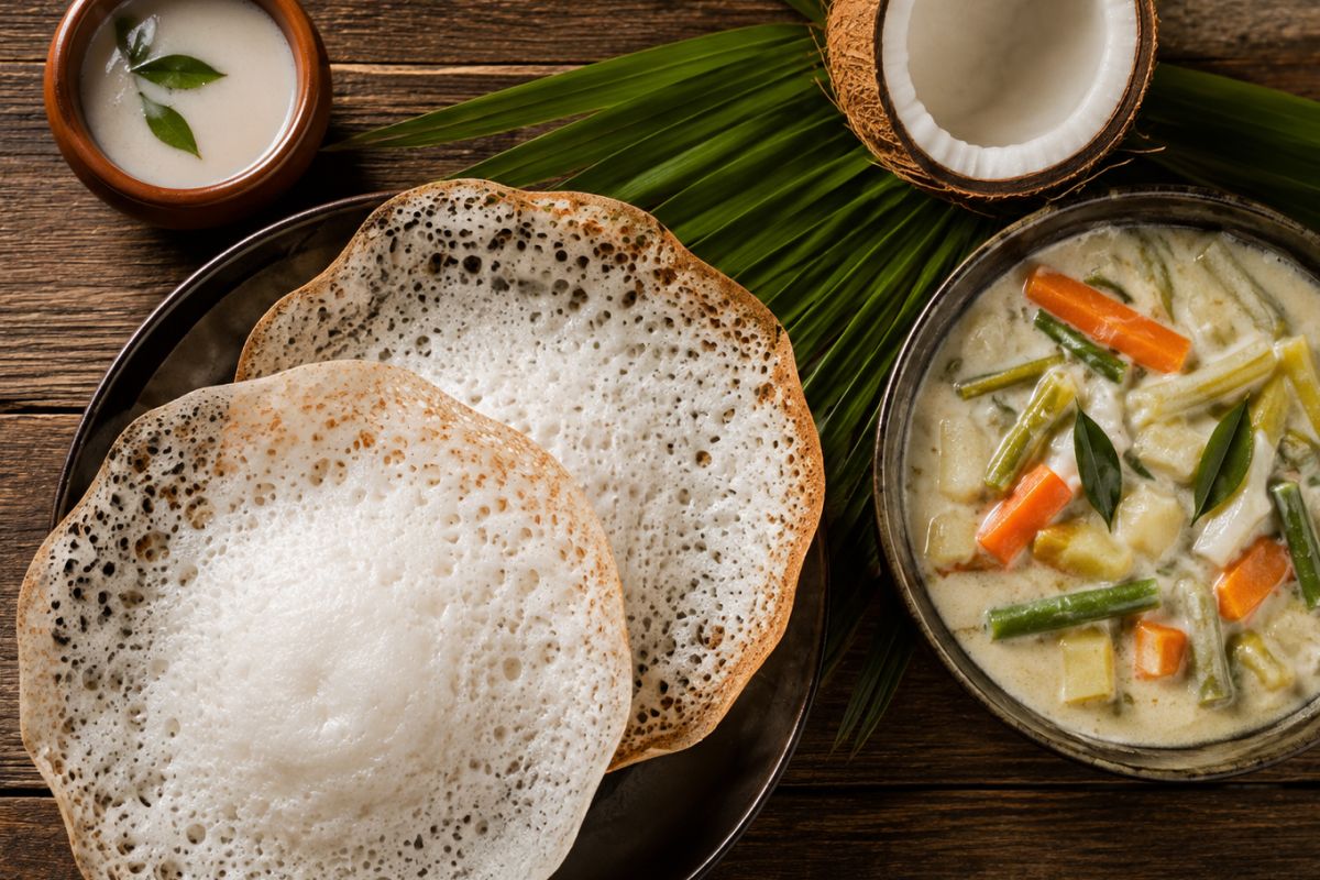Appam with Coconut Vegetable Stew