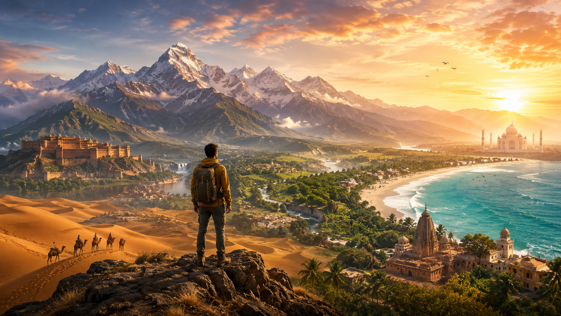 Traveler overlooking India's diverse landscapes featuring mountains, deserts, temples, heritage architecture and coastline during sunrise