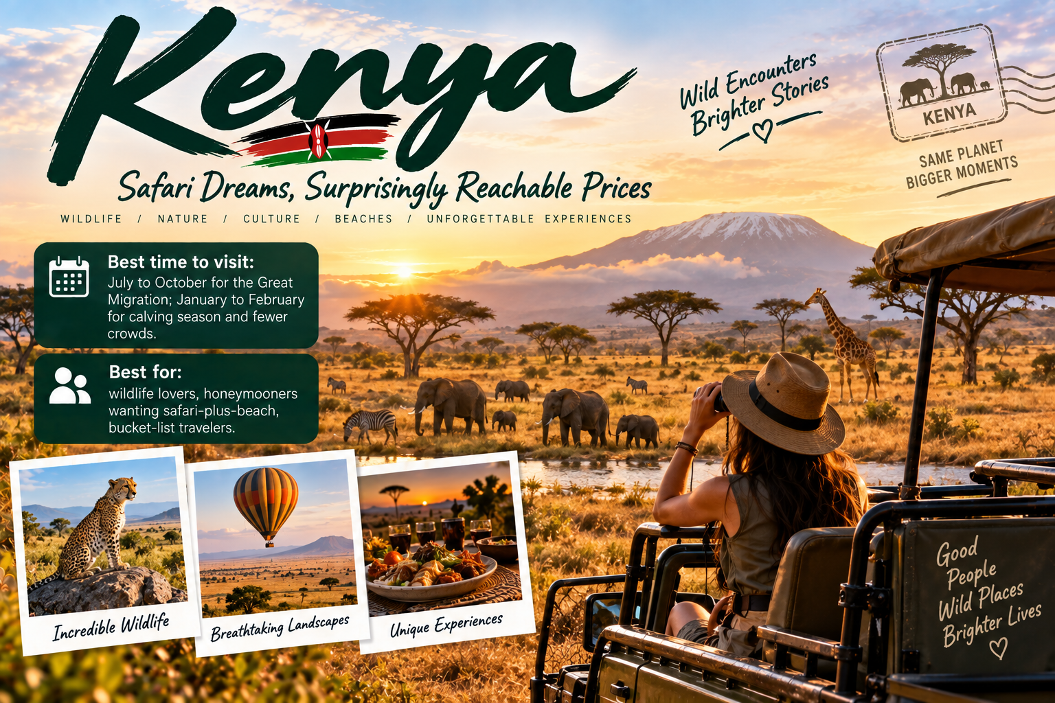 Kenya safari landscape with elephants, giraffes, zebras, Mount Kilimanjaro and a traveller photographing wildlife from a safari vehicle