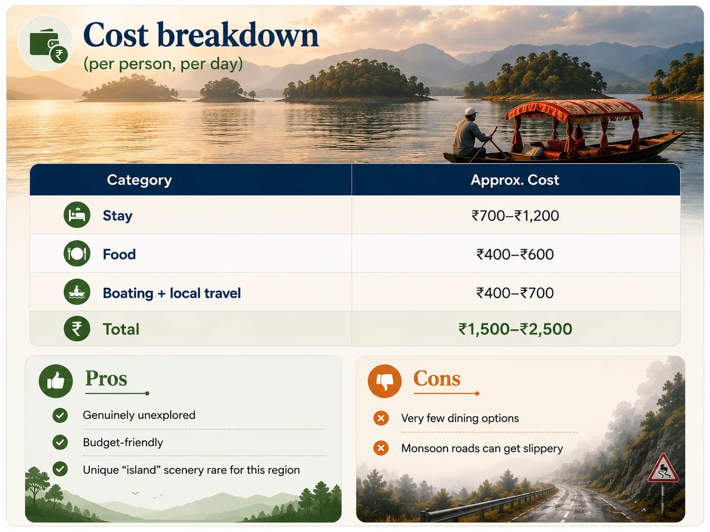 Budget infographic for Chachakota featuring boating, local travel costs, pros and cons.