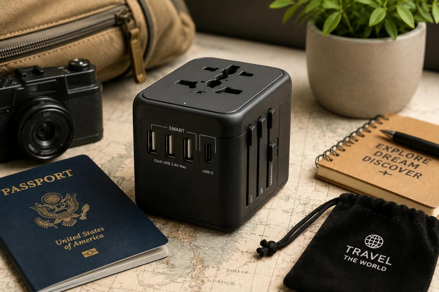 Universal travel adapter with built-in USB-C ports placed beside travel essentials for international trips.
