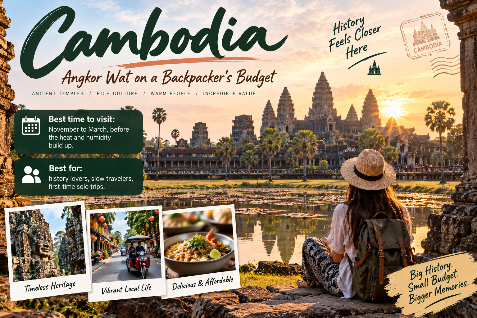 Cambodia travel scene featuring Angkor Wat at sunrise, ancient temple ruins, local life and a backpacking traveller