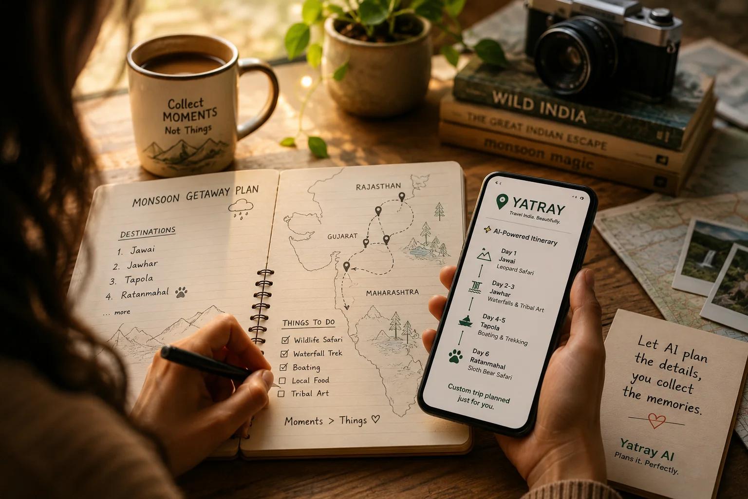 Traveler planning a Gujarat road trip using Yatray AI itinerary with notebook, smartphone, maps and coffee on a wooden desk.