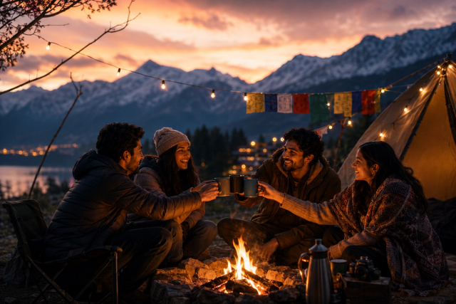Friends sharing stories around a campfire beneath Himalayan mountains at sunset
