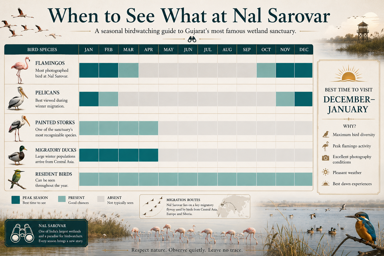 Seasonal birdwatching calendar for Nal Sarovar Bird Sanctuary showing the best months to see flamingos, pelicans, painted storks, migratory ducks, and resident bird species throughout the year.