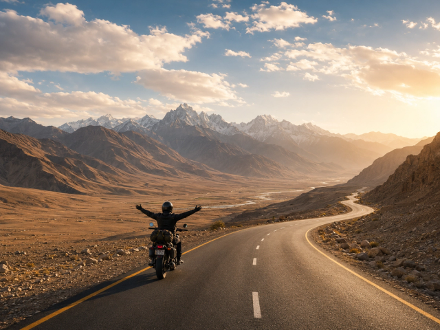 Motorcyclist riding through the dramatic mountain roads of Ladakh