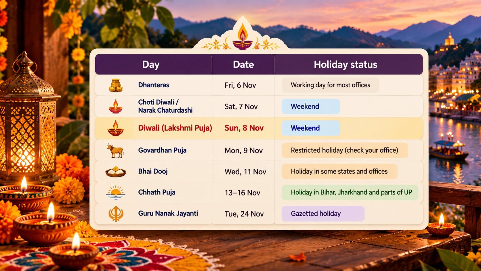 Diwali 2026 dates and holiday status: Dhanteras Fri 6 Nov, Choti Diwali Sat 7 Nov, Diwali Sun 8 Nov, Govardhan Puja Mon 9 Nov, Bhai Dooj Wed 11 Nov, Chhath Puja 13–16 Nov and Guru Nanak Jayanti Tue 24 Nov