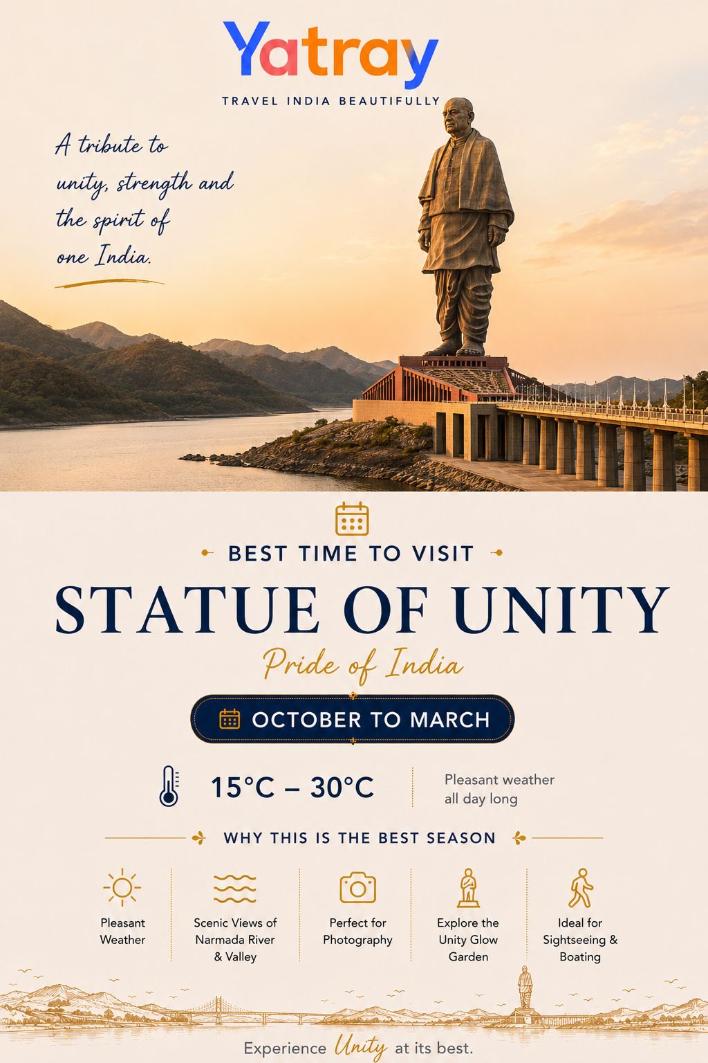 Clear blue skies and gentle winter morning sunlight illuminating the Statue of Unity complex