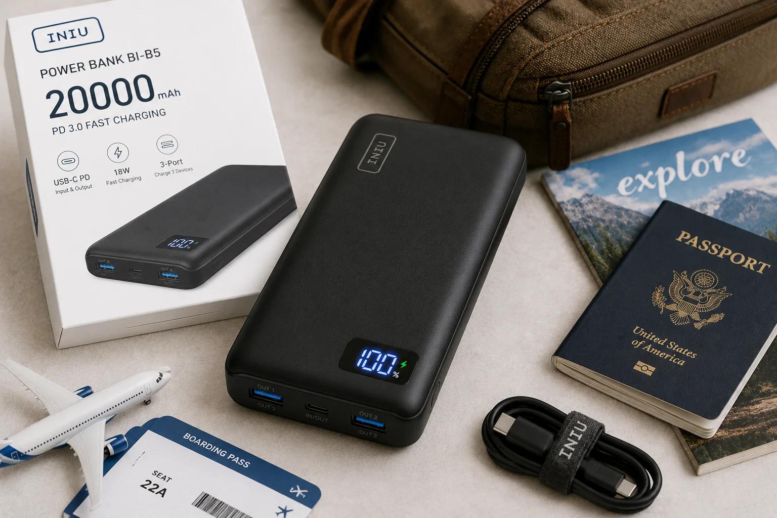 20,000mAh portable power bank with fast charging support for phones, tablets, and travel devices.