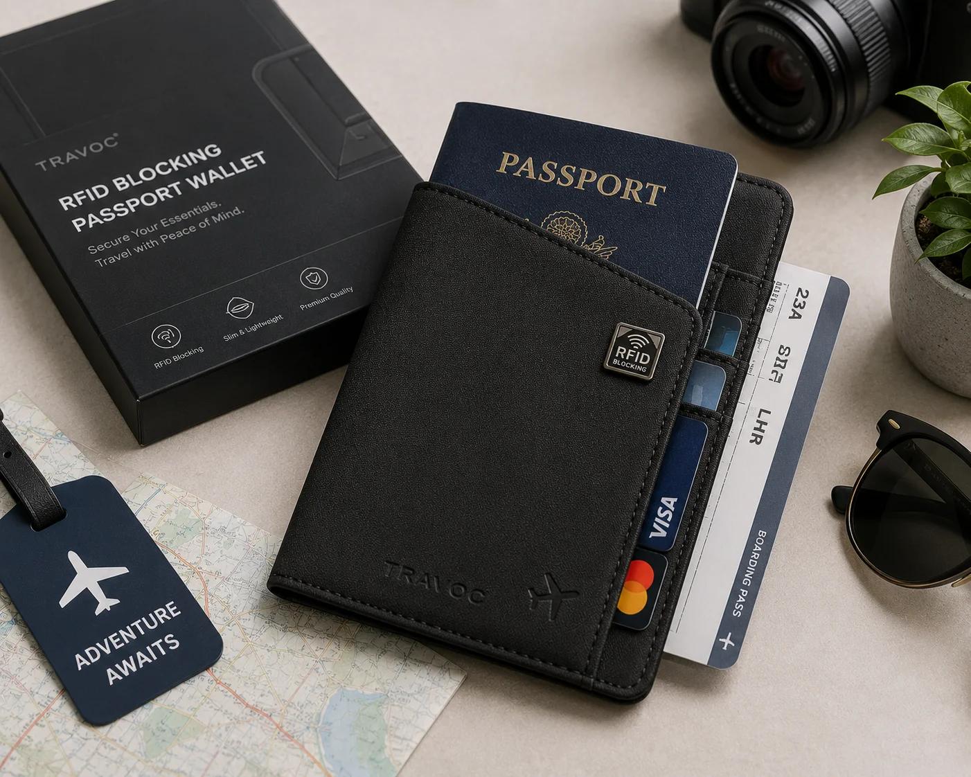 Slim RFID-blocking passport wallet holding passport, boarding pass, and travel cards for secure travel.