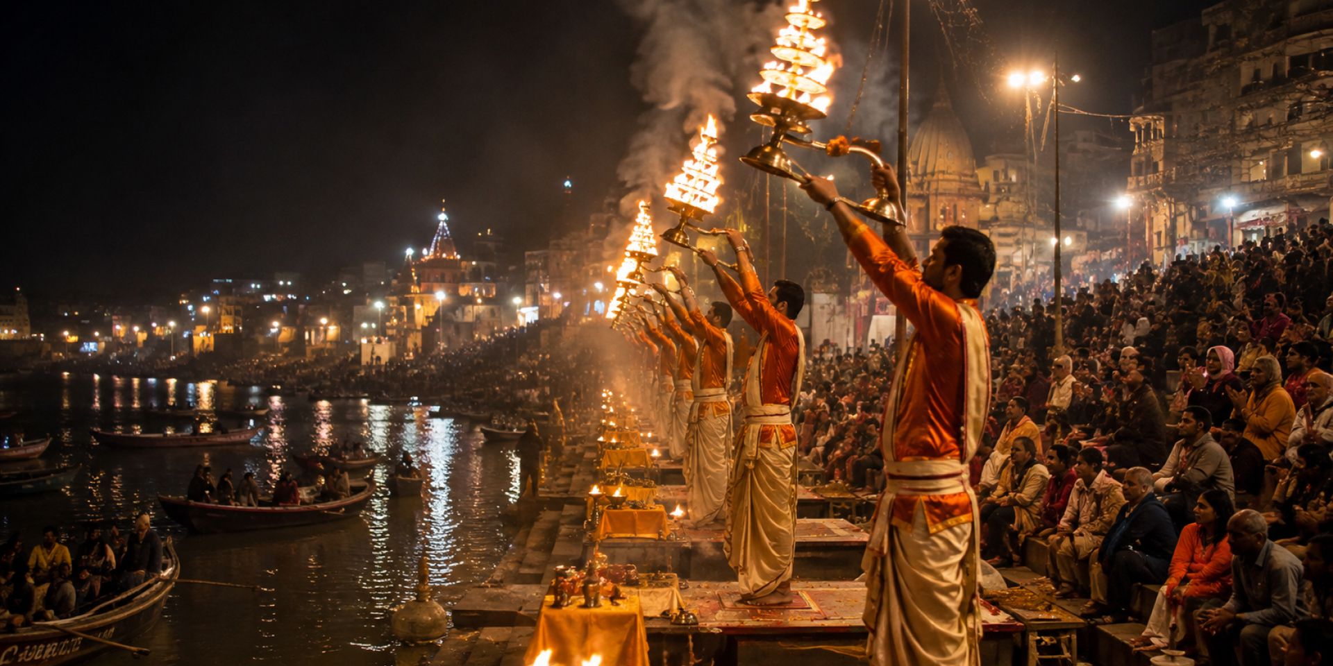 Evening Ganga Aarti ceremony at Dashashwamedh Ghat with brass lamps