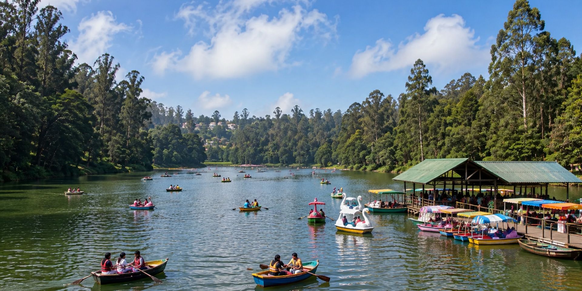 Pedal boats floating over serene waters of Ooty Lake surrounded by eucalyptus trees