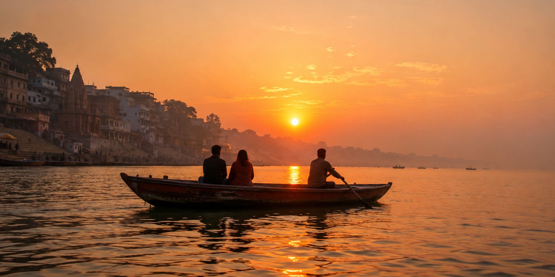 Morning wooden boat cruise along the historic riverfront ghats of Varanasi