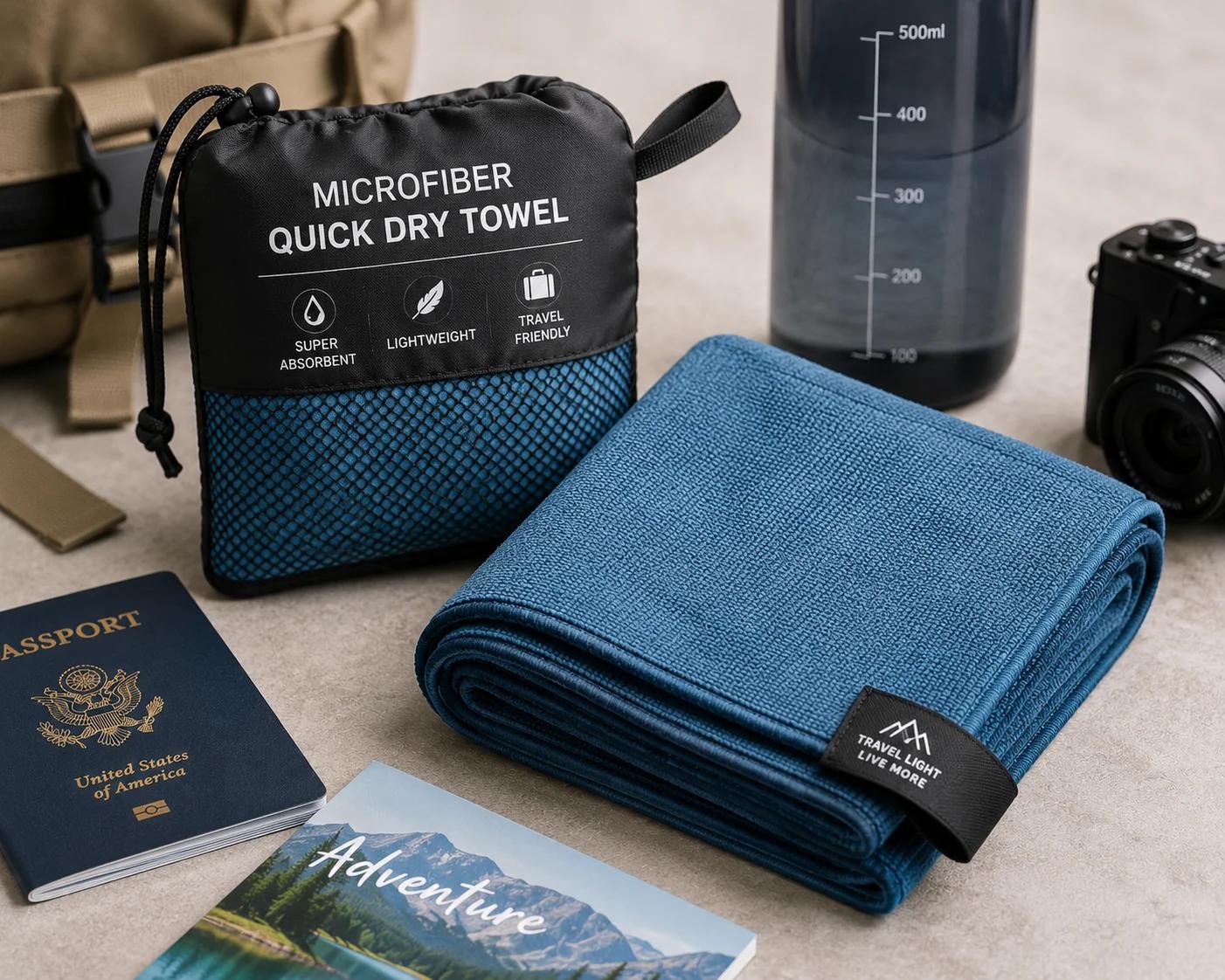 Lightweight quick-dry microfiber travel towel folded beside travel gear and backpacking essentials.