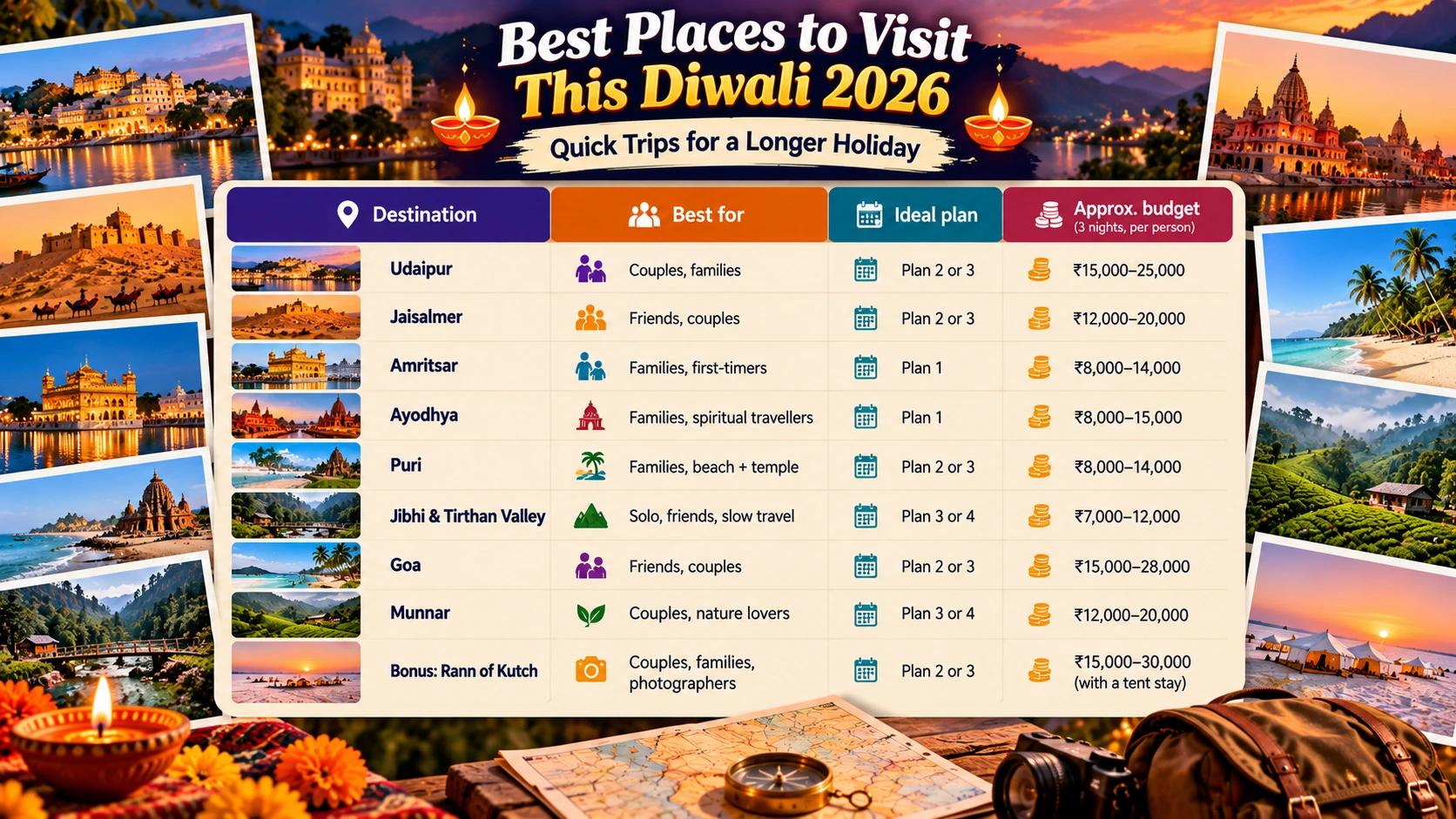 Best places to visit this Diwali 2026: Udaipur, Jaisalmer, Amritsar, Ayodhya, Puri, Jibhi and Tirthan Valley, Goa, Munnar and the Rann of Kutch, with ideal leave plan and approximate budget