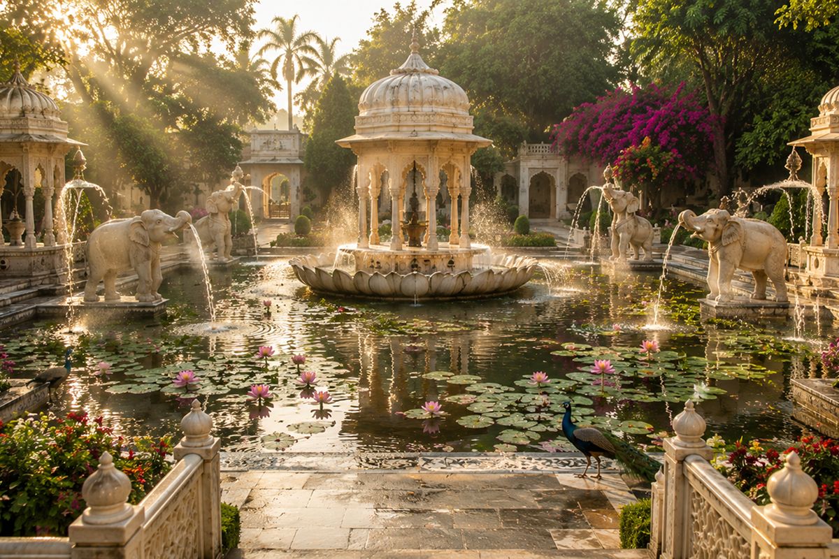 Marble fountains and lotus pool at Saheliyon ki Bari royal garden, Udaipur