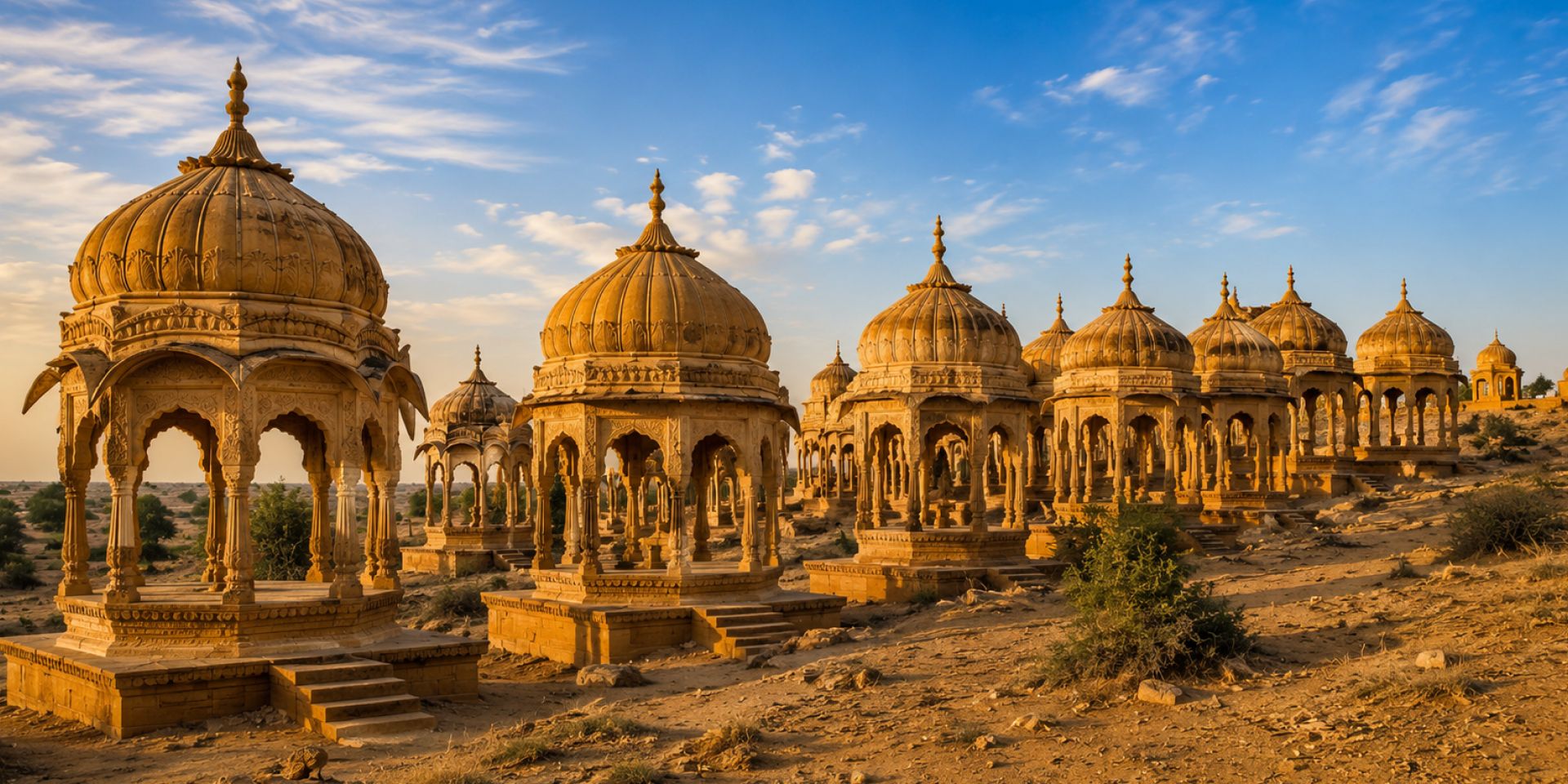 Carved yellow sandstone chhatris at Bada Bagh royal cenotaphs during sunset in Jaisalmer