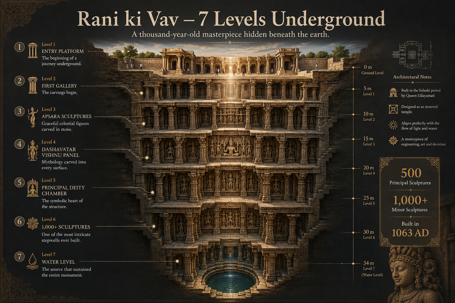 Architectural cross-section diagram of Rani ki Vav in Patan, Gujarat, showing the stepwell's seven underground levels, intricate carved galleries, sculptural chambers, and the water well at the deepest point.