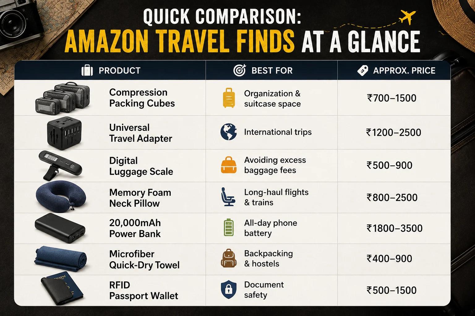Comparison table of seven Amazon travel essentials showing their best use cases and approximate prices for travelers.