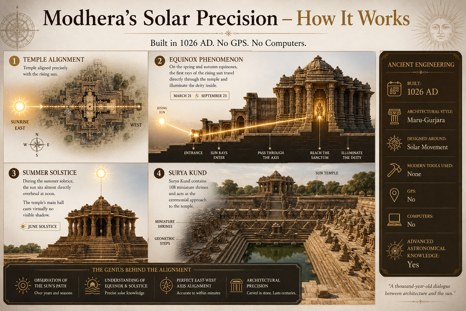 Educational diagram explaining the astronomical alignment of Modhera Sun Temple in Gujarat, showing how sunlight enters the temple during the equinox, the relationship between the temple axis and the sun, and the placement of the Surya Kund stepwell.