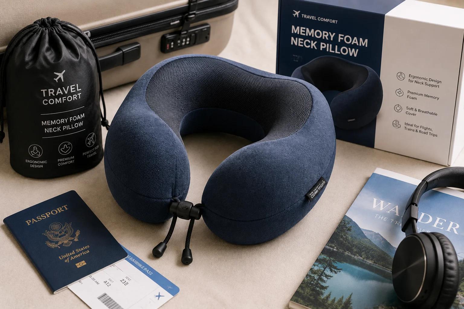 Ergonomic memory foam travel neck pillow designed for comfortable support during long flights and train journeys.