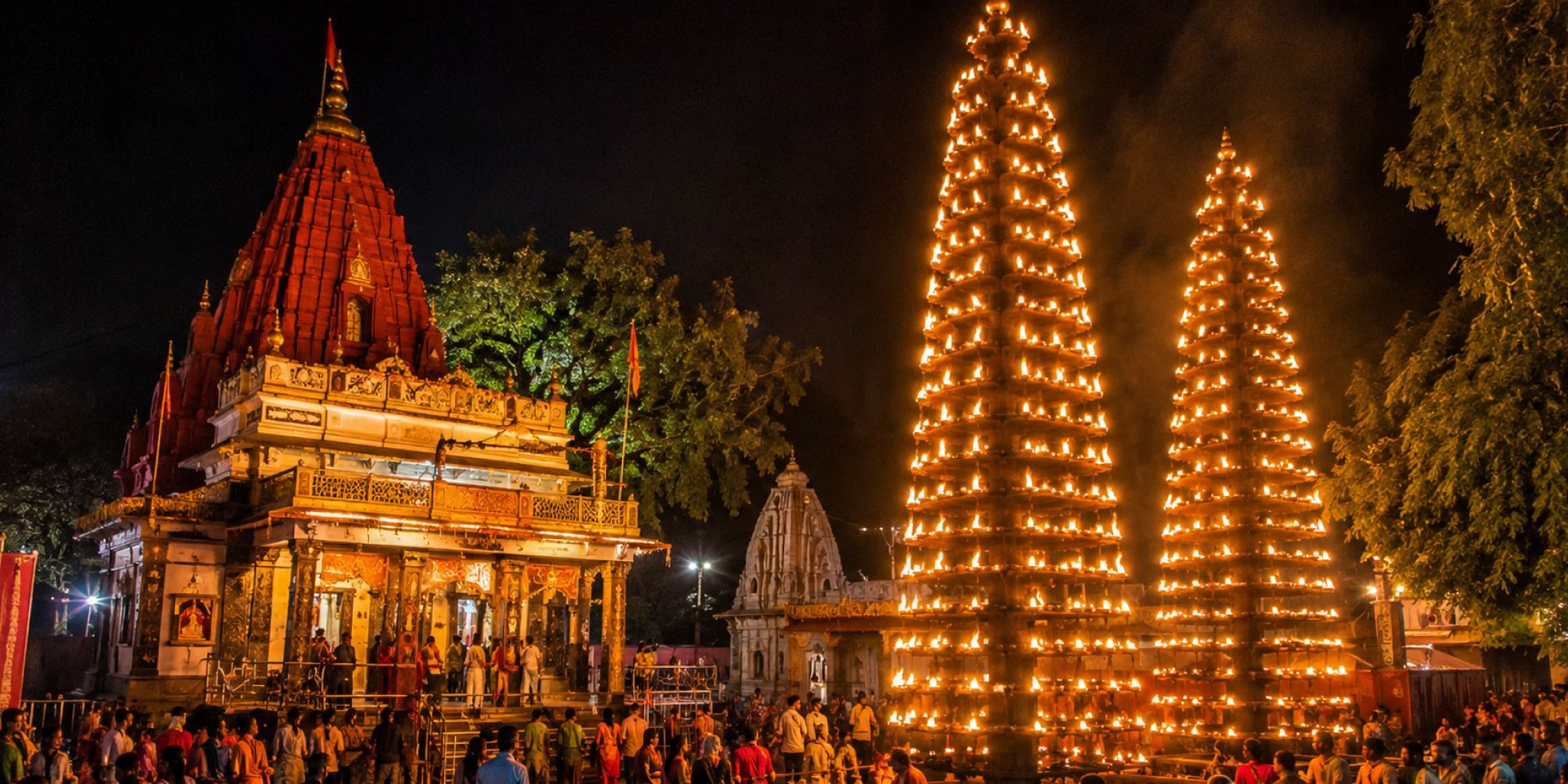 Tall 50-foot iron lamp towers (Deepstambha) glowing with hundreds of oil lamps at Harsiddhi Temple