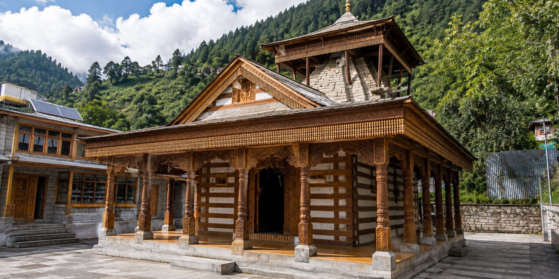 Traditional wooden architecture and apple orchards in Old Manali