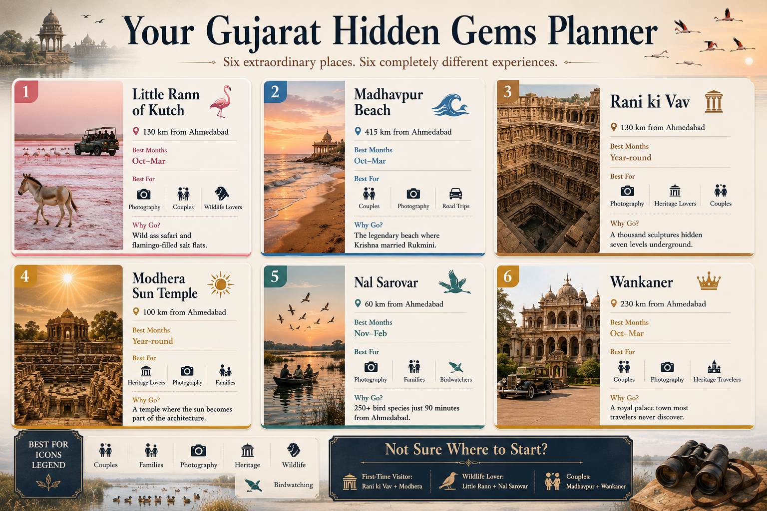 Travel planning infographic comparing six hidden destinations in Gujarat, including Little Rann of Kutch, Madhavpur Beach, Rani ki Vav, Modhera Sun Temple, Nal Sarovar, and Wankaner, with travel distances, best seasons, and recommended experiences.
