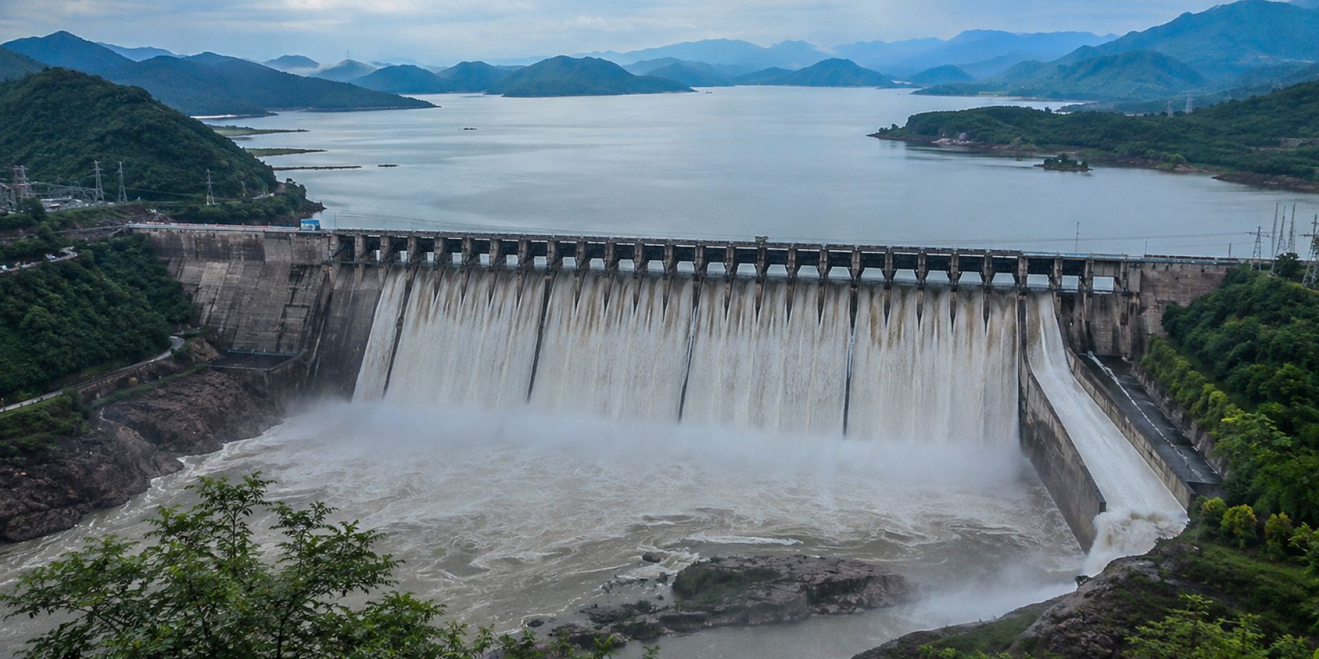 Spillway discharge gates of Sardar Sarovar Dam on the Narmada River near Kevadia
