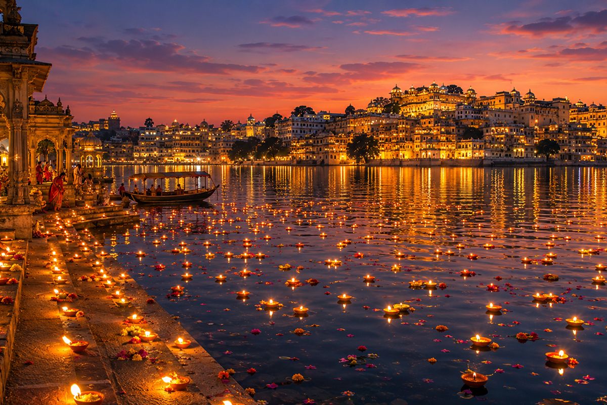 Gangaur Ghat steps at evening with lamps reflected on Lake Pichola, Udaipur