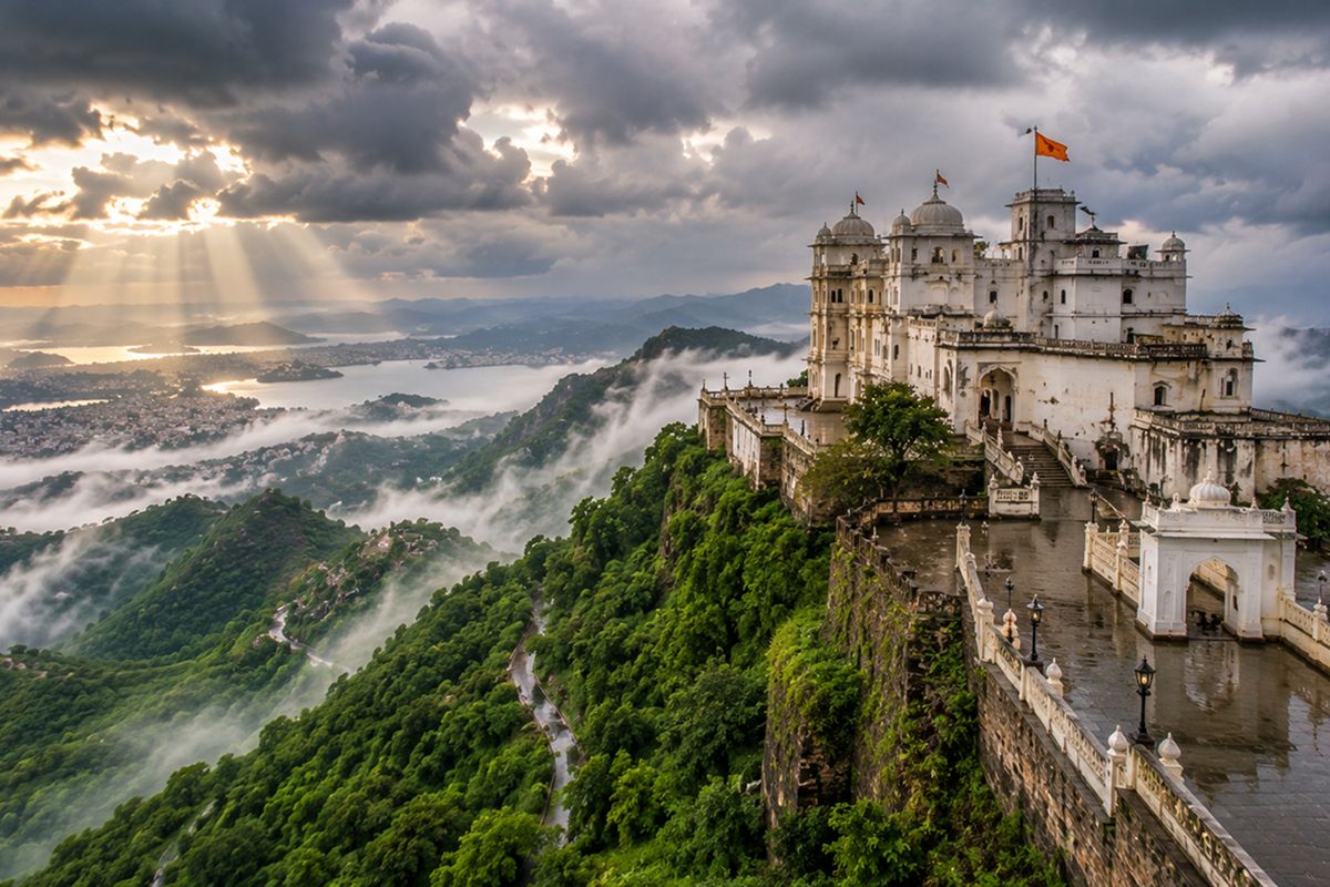 Sajjangarh Monsoon Palace perched on Bansdara hill above Udaipur with city spread below