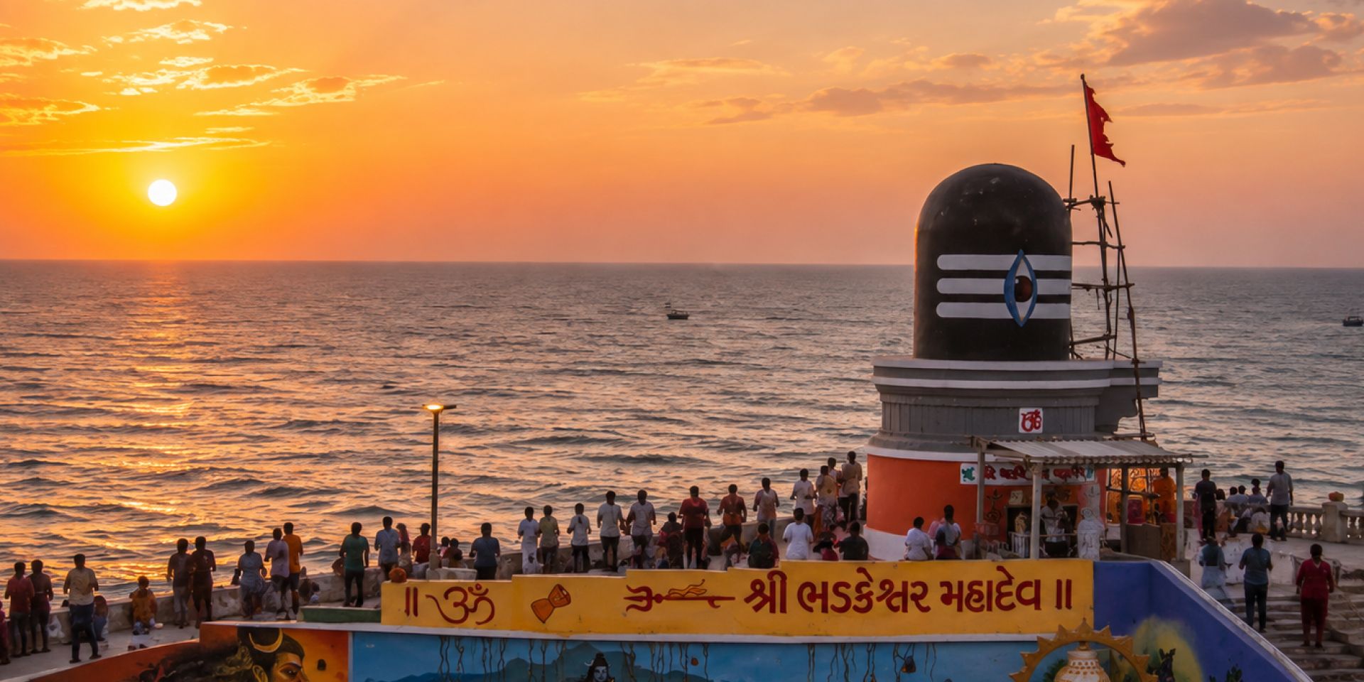 Sudama Setu pedestrian bridge over the Gomti River near Dwarkadhish Temple at sunset, Dwarka
