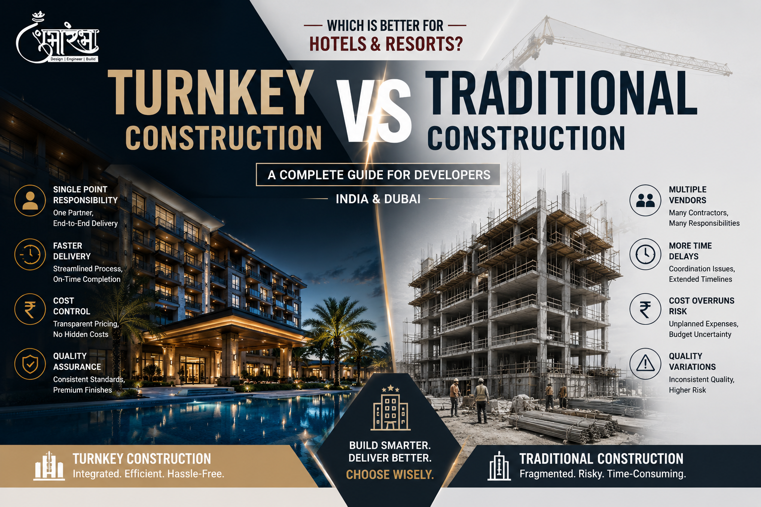 Turnkey vs traditional construction infographic for hotels and resorts showing side-by-side comparison of benefits like faster delivery, cost control, and single-point responsibility versus risks like delays, multiple vendors, and cost overruns in India and Dubai.