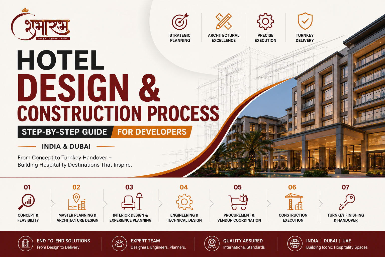 Hotel design and construction process infographic banner showcasing step-by-step development stages for hospitality projects in India and Dubai with modern luxury hotel visuals and architectural elements.