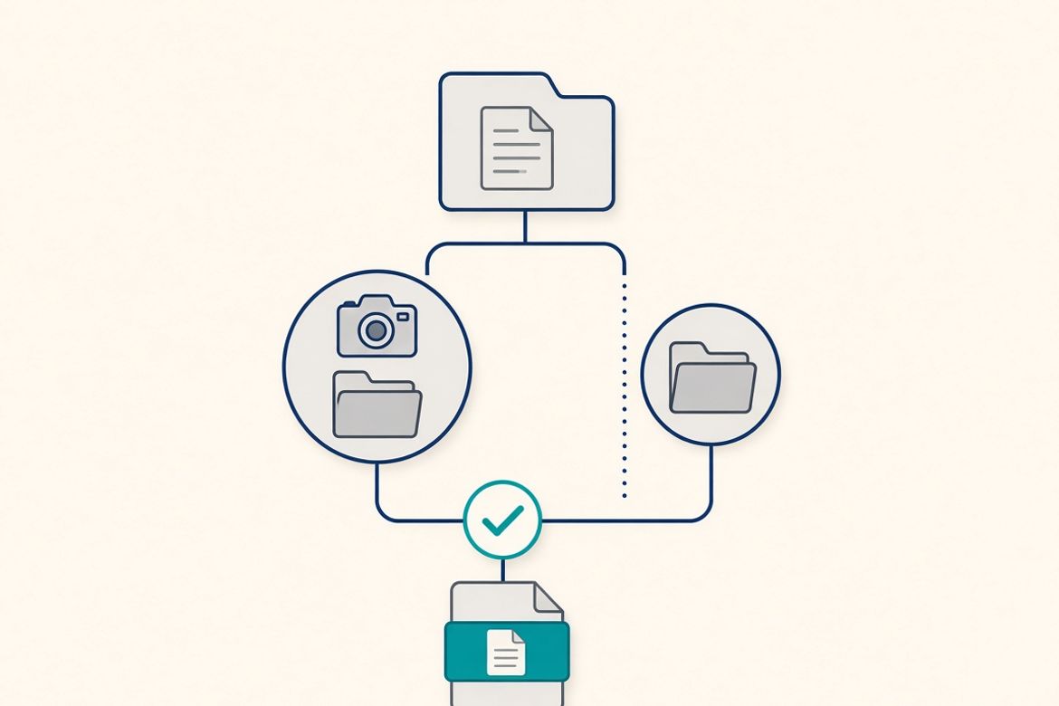 Diagram of one product photography job splitting into an in-house path and a partner-studio path that reconverge at a single approved delivery