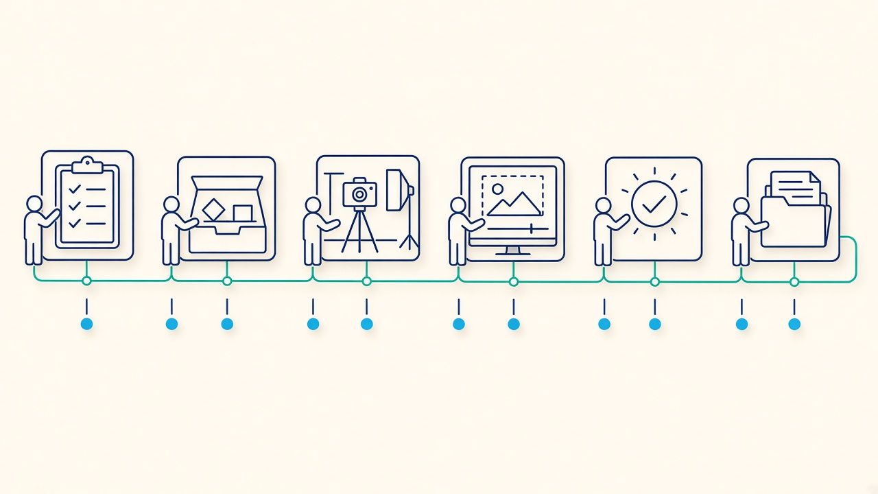 Diagram of six product photography handoffs with a named owner standing beside each station from brief through delivery