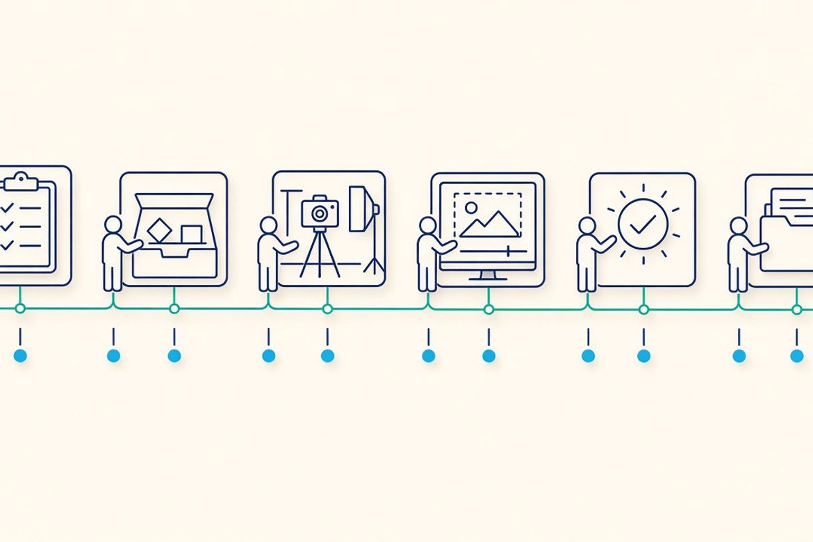 Diagram of six product photography handoffs with a named owner standing beside each station from brief through delivery