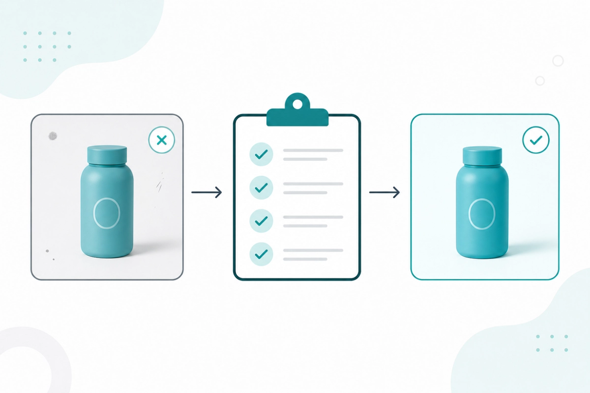 A product photo retouching handoff moving from the brief and shot row through editing checks, export, self-check, and internal quality control.