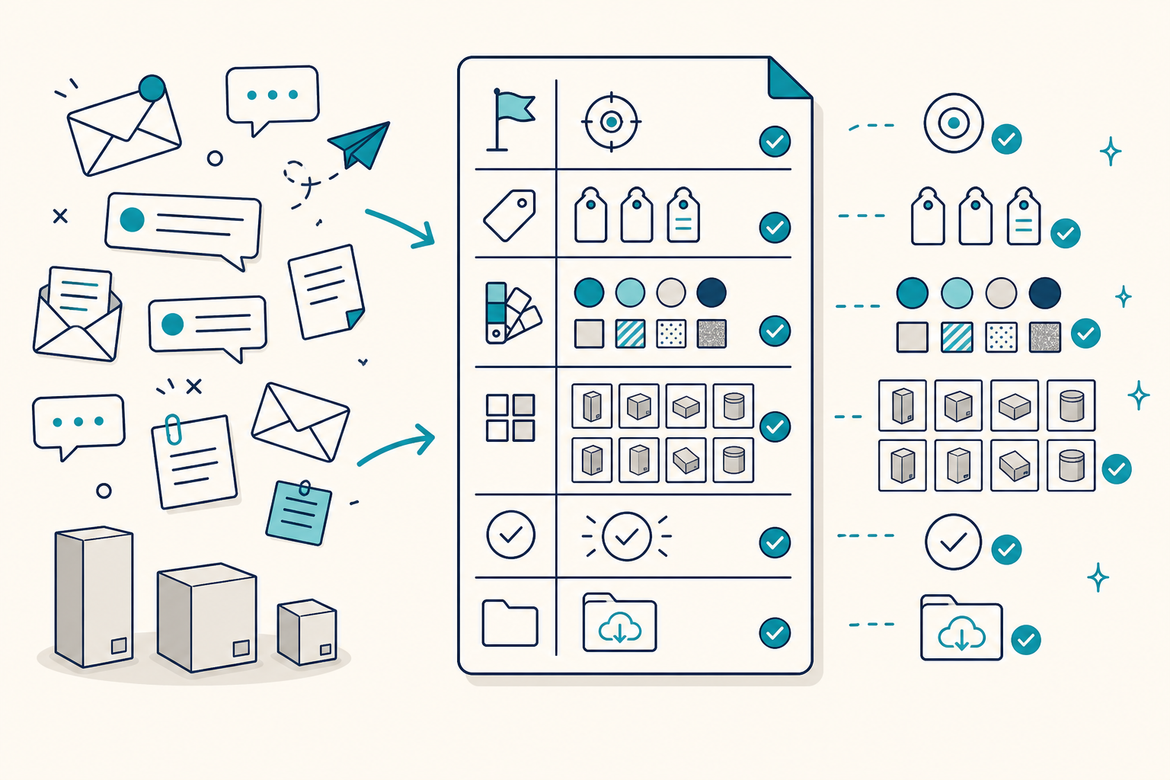 Diagram of a structured product photography brief with sections for job goal, products, visual direction, outputs, review, and delivery, linked to a style guide and shot list