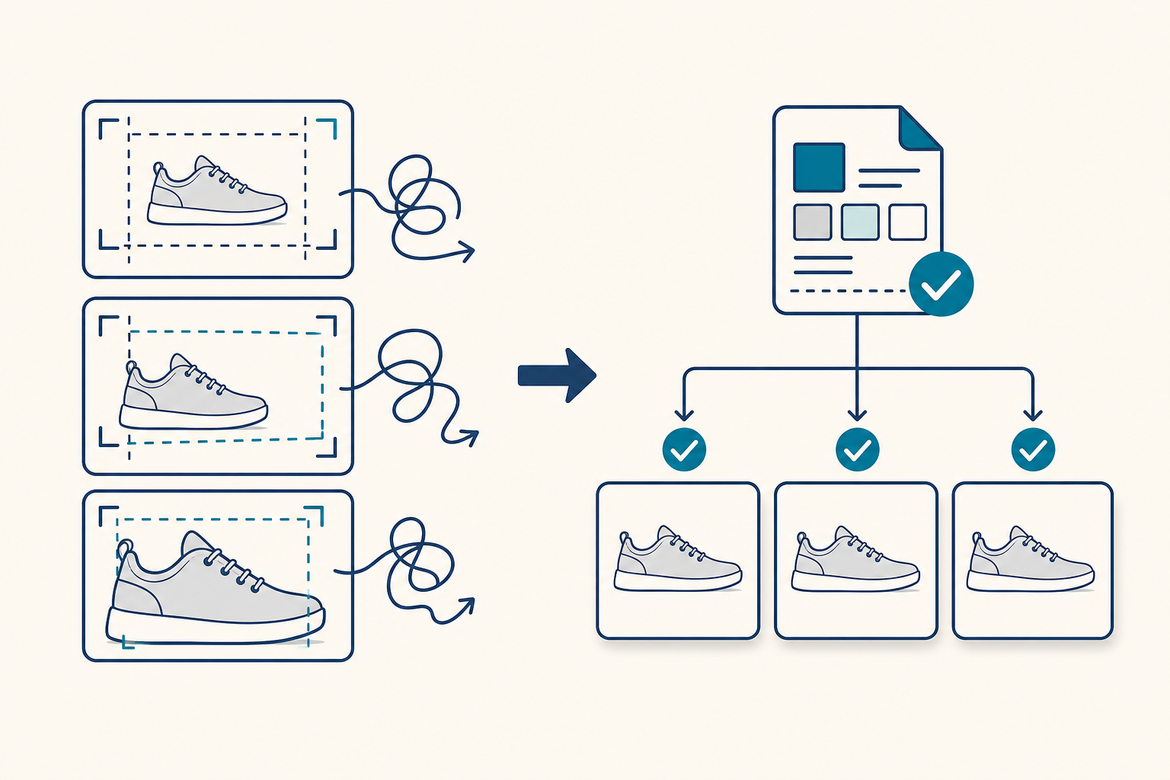 A product photography style guide feeding reusable visual rules into a job brief, shot list, and quality-control review.