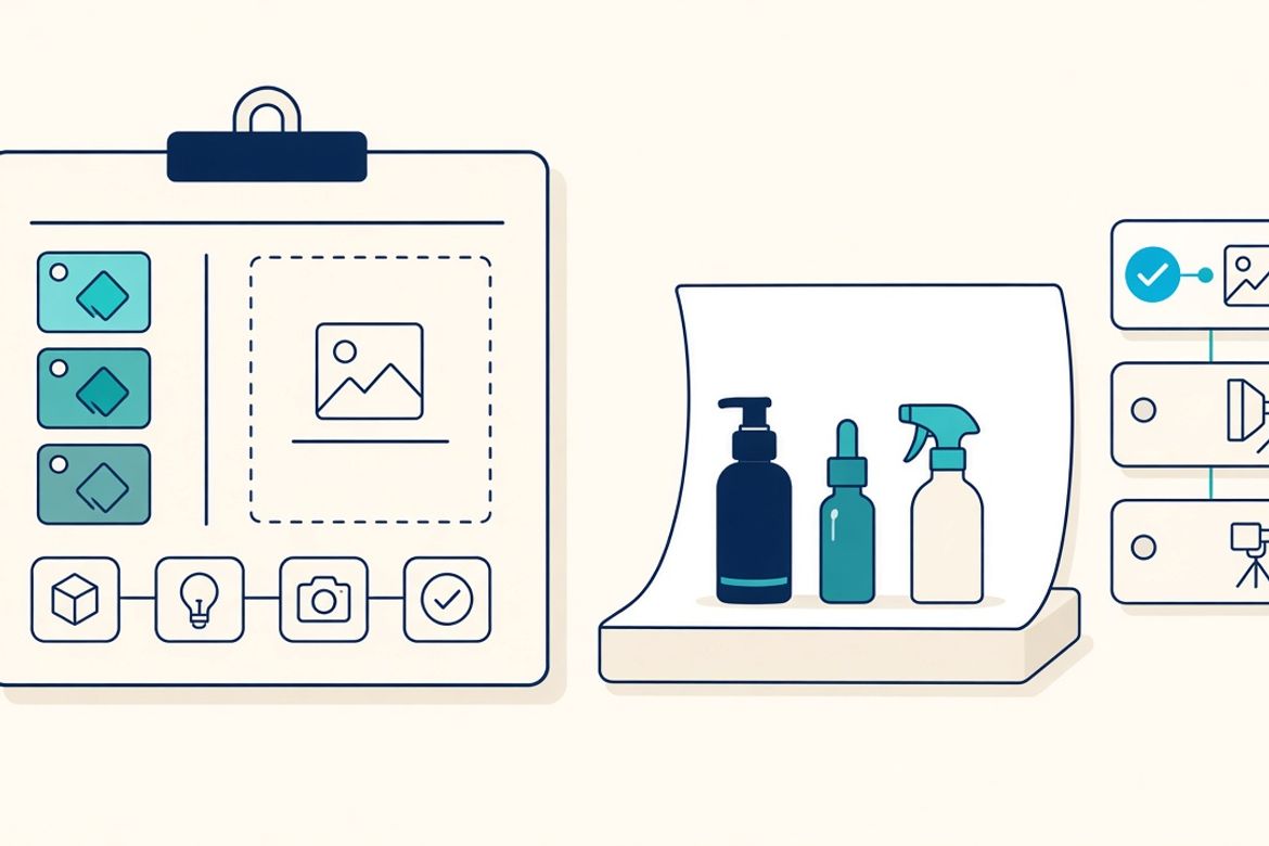 Diagram of a product studio call sheet beside a sweep set with ordered setup cards and SKU tags